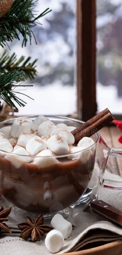 Hot chocolate with marshmallows and cinnamon on a festive winter background.