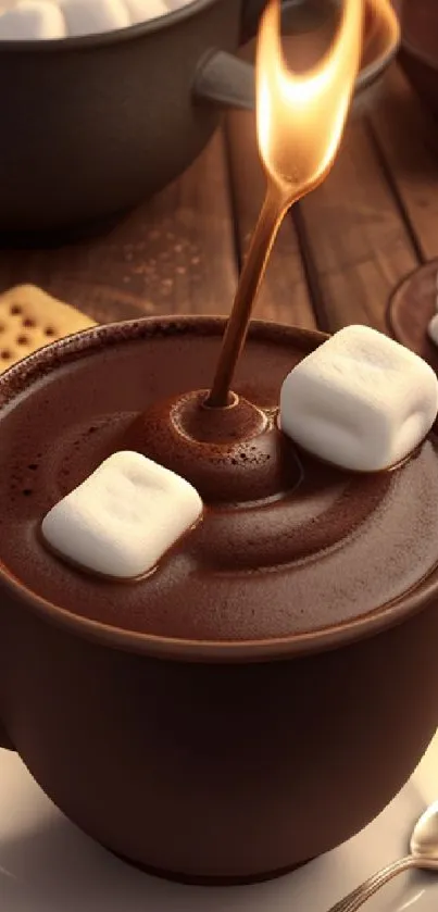 Cup of hot chocolate with marshmallows and candle flame.