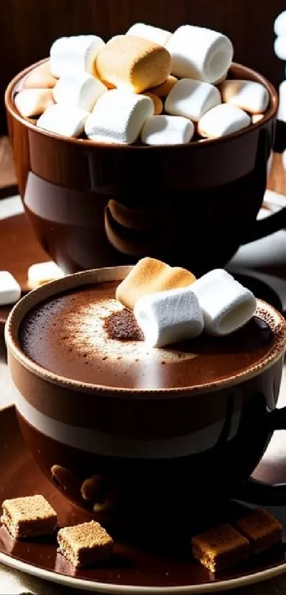 Two cups of hot chocolate with marshmallows on wooden table.