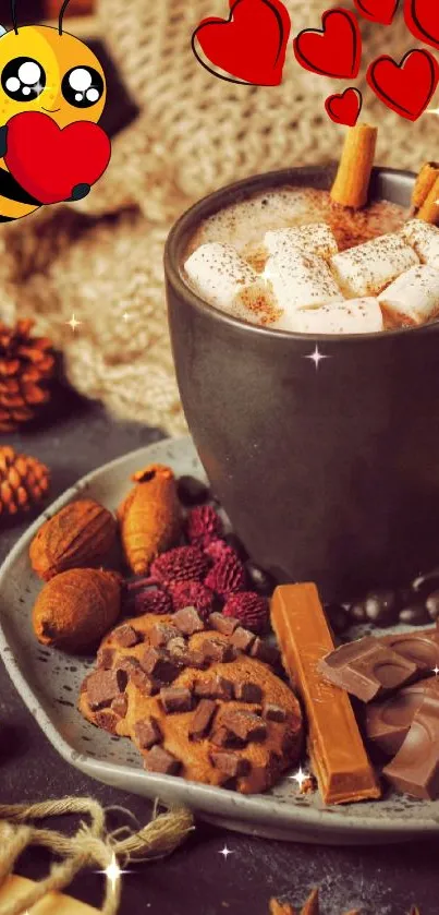 Cozy hot chocolate mug with autumn treats and decor.