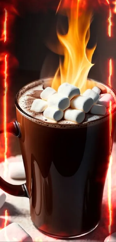 Flaming hot chocolate with marshmallows in a brown mug, set on a cozy background.
