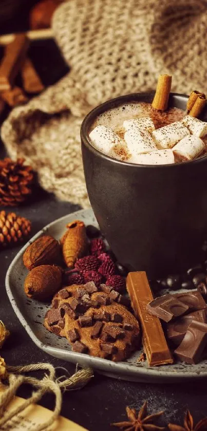 Cozy setting with hot chocolate, marshmallows, and fall treats.