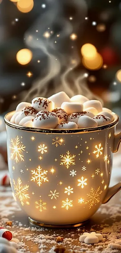 A steaming cup of hot cocoa with marshmallows in a festive mug.