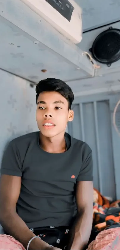 Young man in casual attire relaxing indoors.