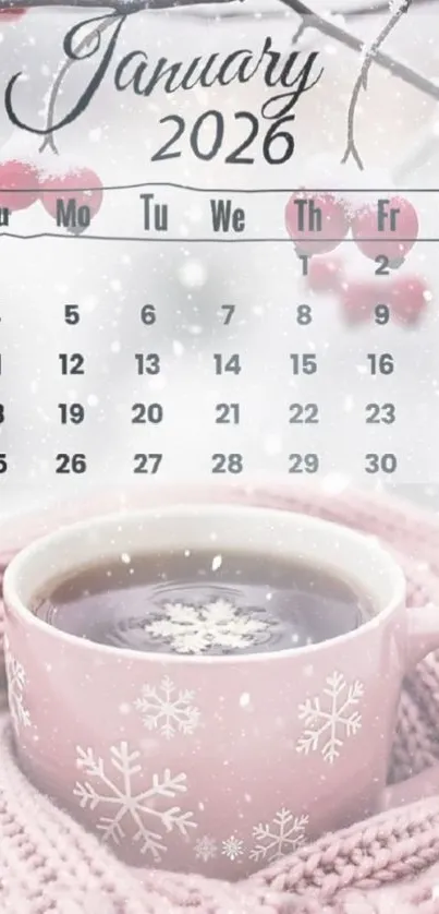 January 2026 calendar with pink mug and sweater.