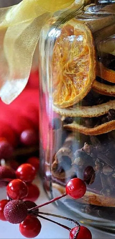 Mobile wallpaper of a cozy jar with citrus and red berries.