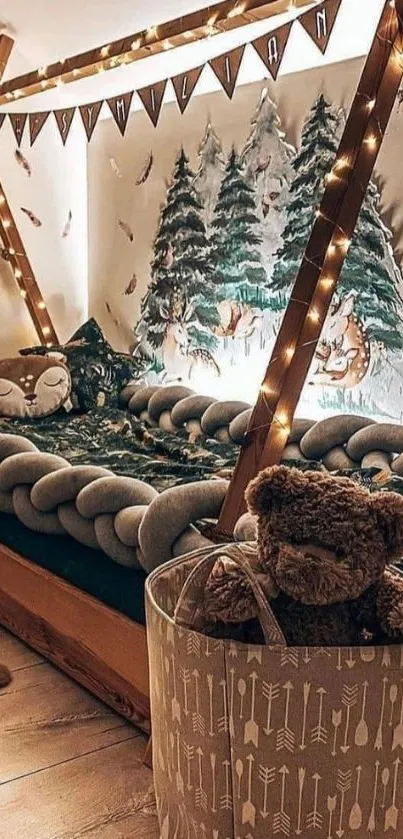 Cozy children's room with string lights and a teddy bear decoration.