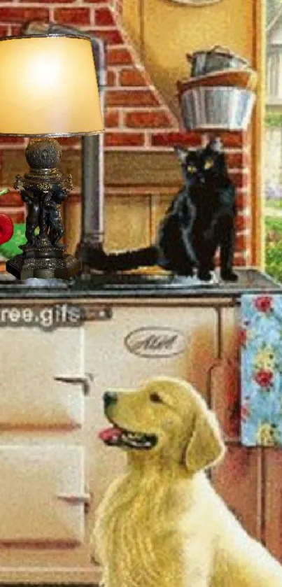 Vintage kitchen with dog and cat by stove.