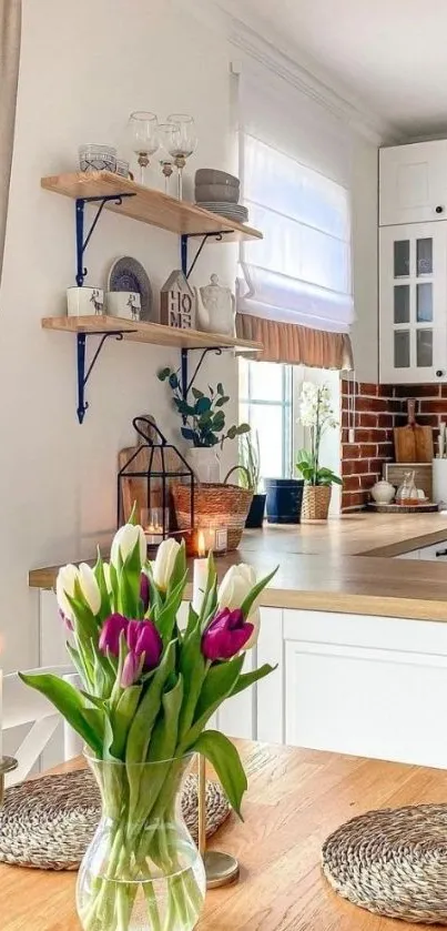 Cozy kitchen with tulips and wooden shelves.