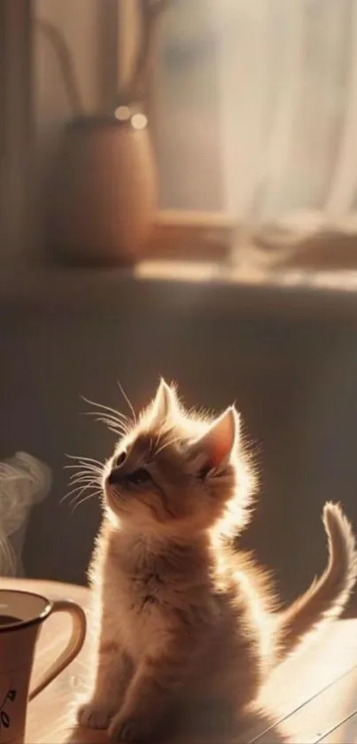 Cozy kitten basking in sunlight beside a steaming coffee cup.