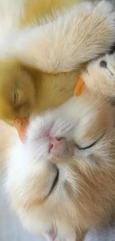 Cute kitten and duckling cuddling in warm, fluffy embrace.