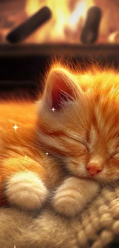 Cozy kitten sleeping by a warm fireplace, creating a relaxed atmosphere.