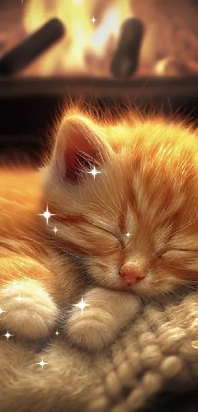 Orange kitten sleeping by a cozy fireplace.