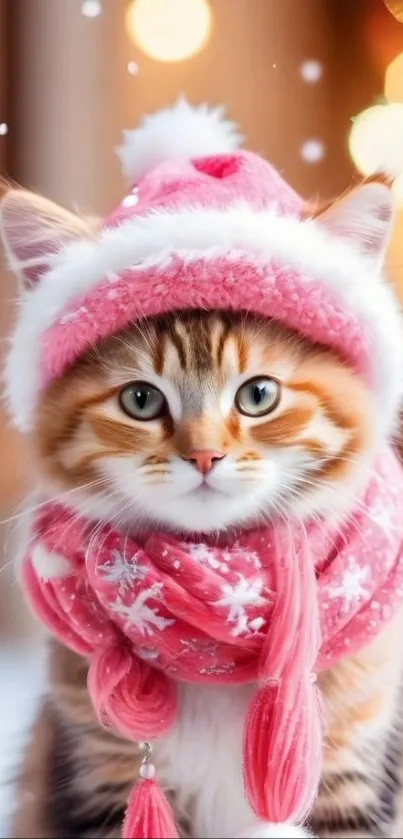 Adorable kitten wearing pink winter accessories amidst soft snowflakes.