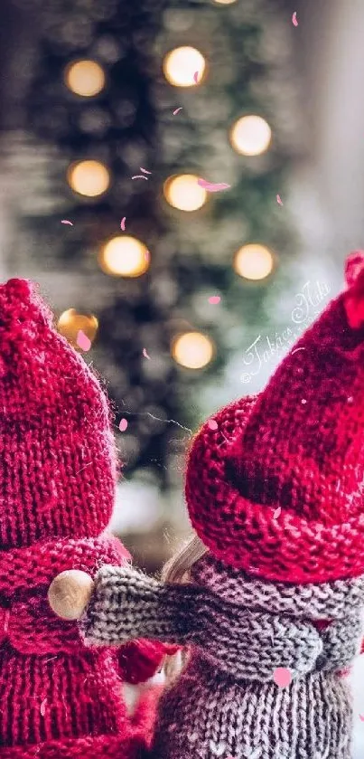 Cozy knitted elves in red hats with festive lights.