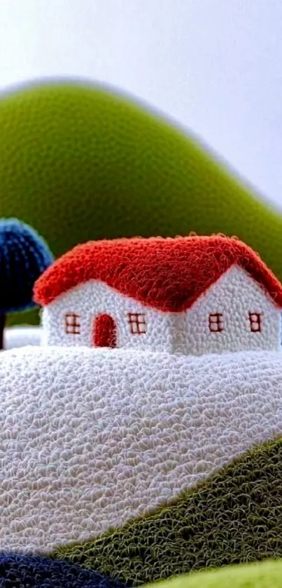 Cozy knitted cottage landscape with hills.