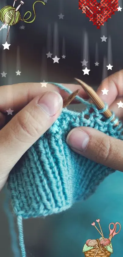 Hands knitting with blue yarn against starry background.