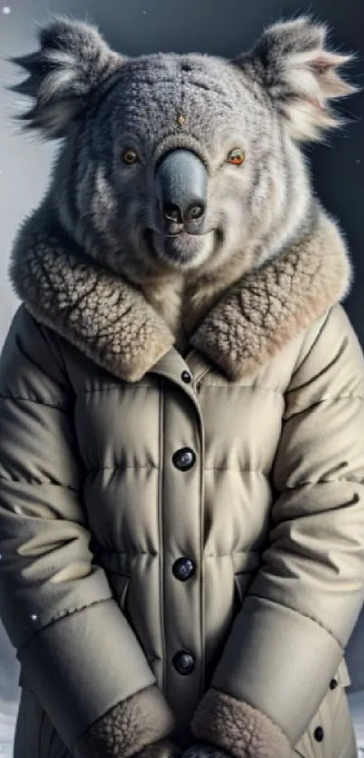 Koala in a winter coat with a snowy background.