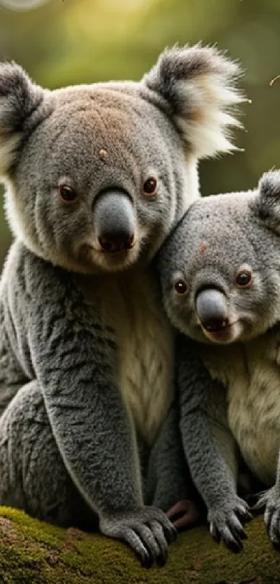 Koalas cuddling on a branch surrounded by autumn leaves.