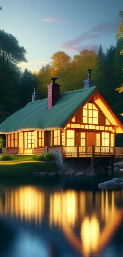 Cozy cabin by lakeside with autumn foliage reflected in tranquil evening waters.