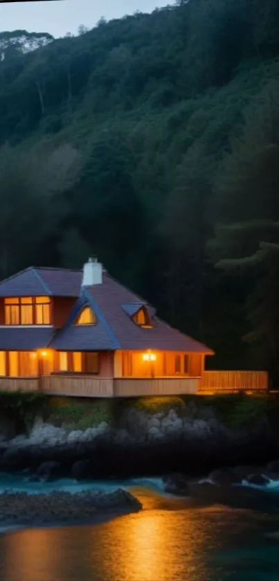 Cozy cabin illuminated at dusk by the lakeside with forest backdrop.