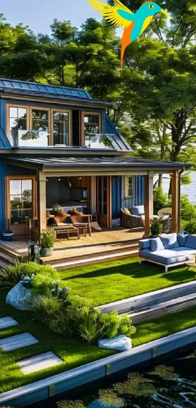 Cozy lakeside cottage with vibrant bird and lush greenery in serene setting.