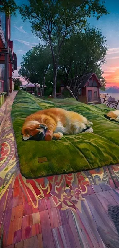 Cozy dog sleeps during vibrant sunset on outdoor patio.