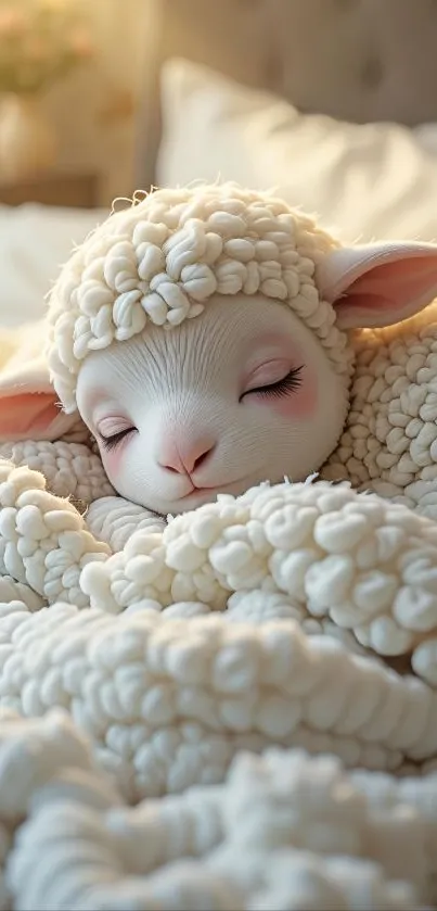 Cute lamb sleeping in fluffy wool blanket.