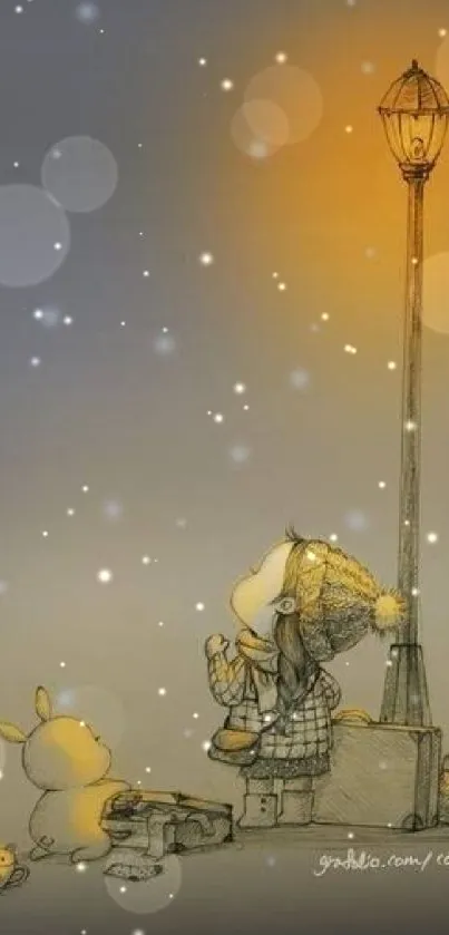 Illustration of child under a glowing lamp post with falling snow.