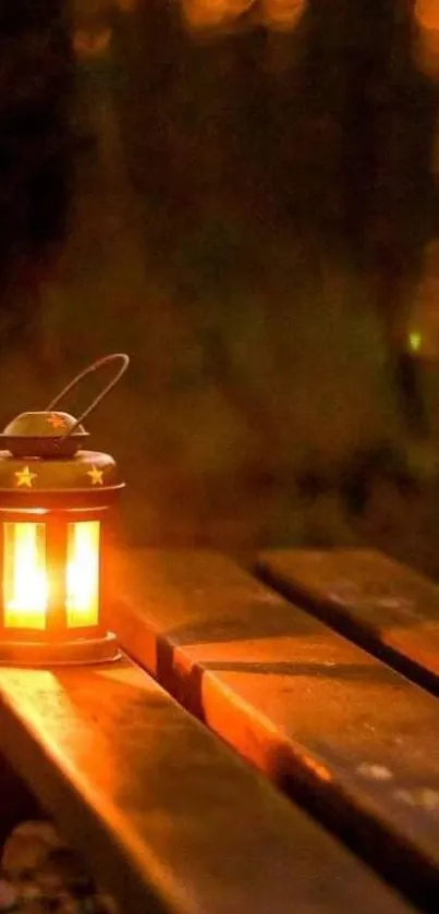 Glowing lantern on a wooden bench at night, casting a warm, inviting glow.