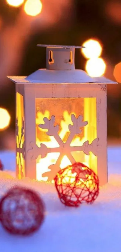 Festive lantern glowing warmly in a snowy winter scene.