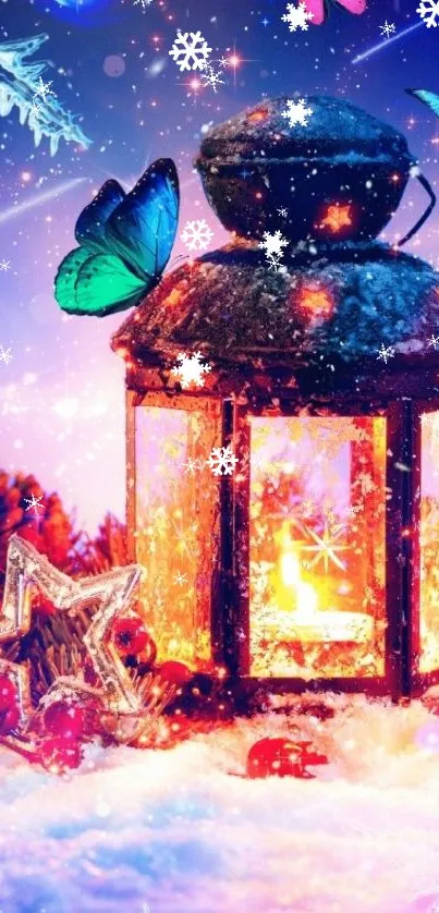 Magical winter scene with lantern, butterflies, and glowing lights.