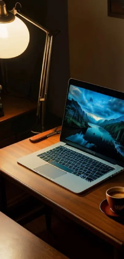 Cozy wooden desk with a laptop, lamp, books, and coffee for a warm ambiance.