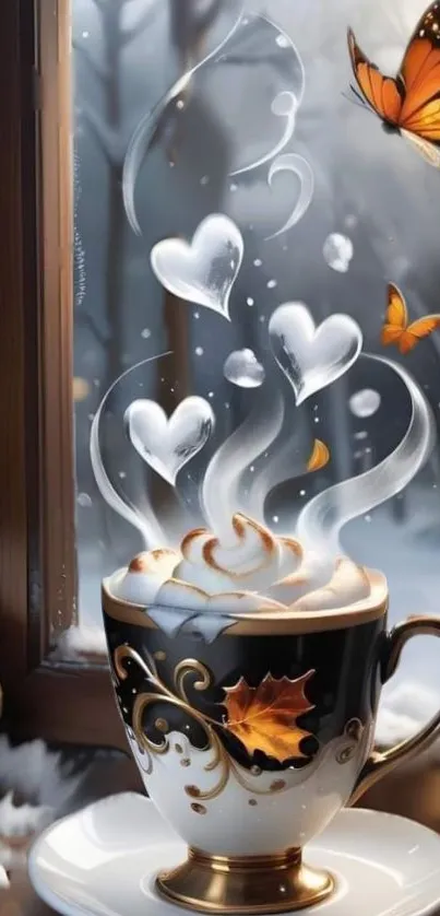 Steaming coffee with butterflies by a snowy window.