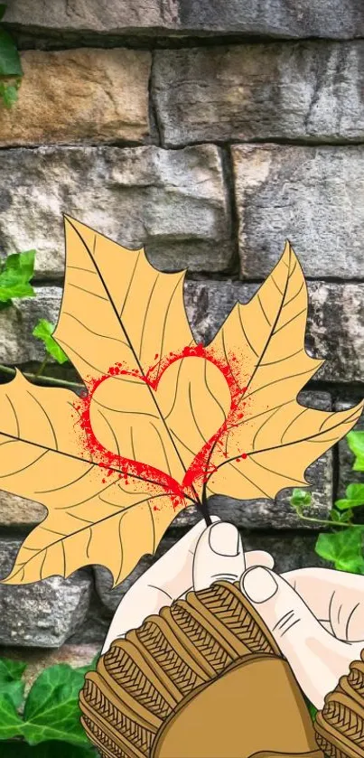 Hand holding leaf with heart on brick wall background.