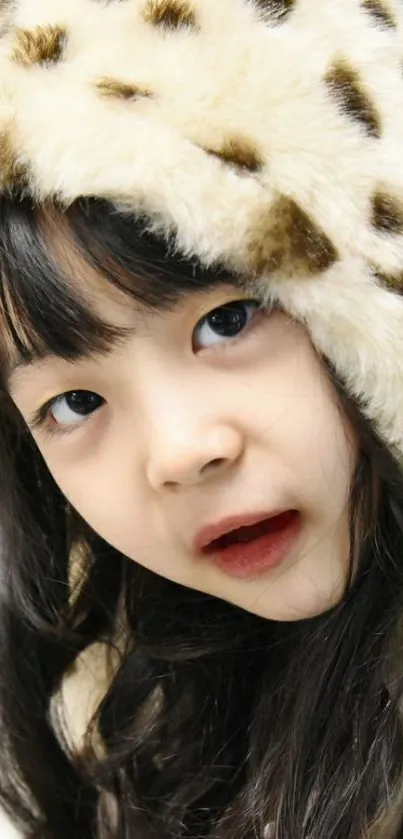 Child in leopard print hood, close-up portrait.