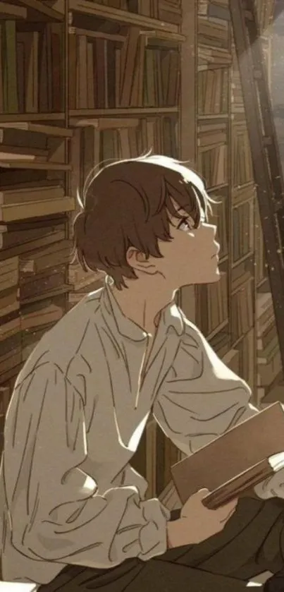 Anime character in a cozy library setting with warm brown tones.