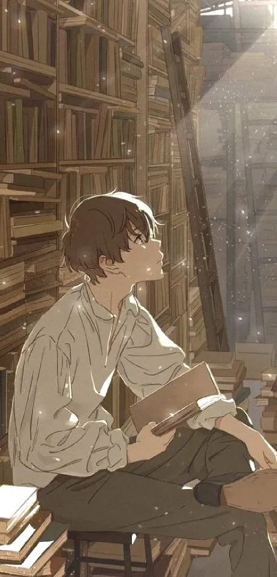 Anime-style library scene with a young man reading.