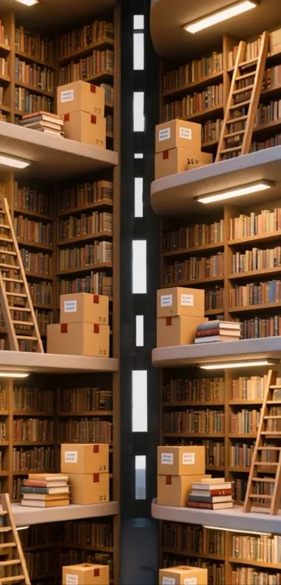 Tall library shelves filled with books and ladders.