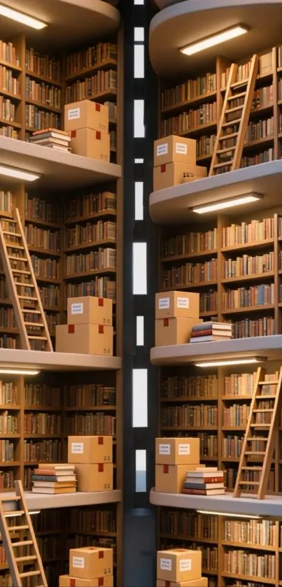 Library with tall bookshelves and ladders in cozy setting.