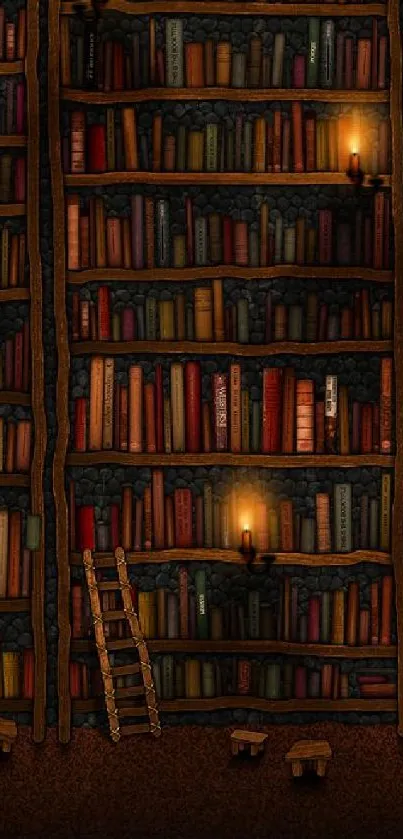 Cozy library bookshelf mobile wallpaper with warm tones and ladder details.