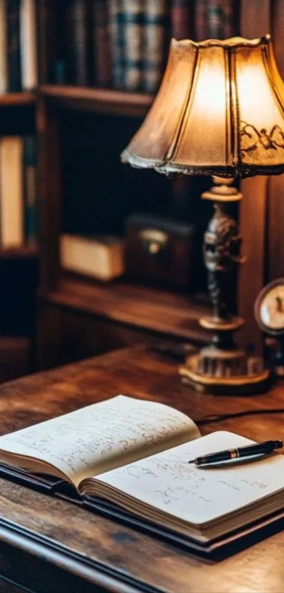 Vintage desk with open book and lamp.