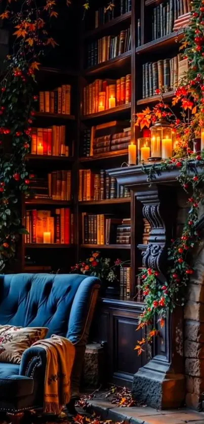 Cozy library with candles and a glowing fireplace