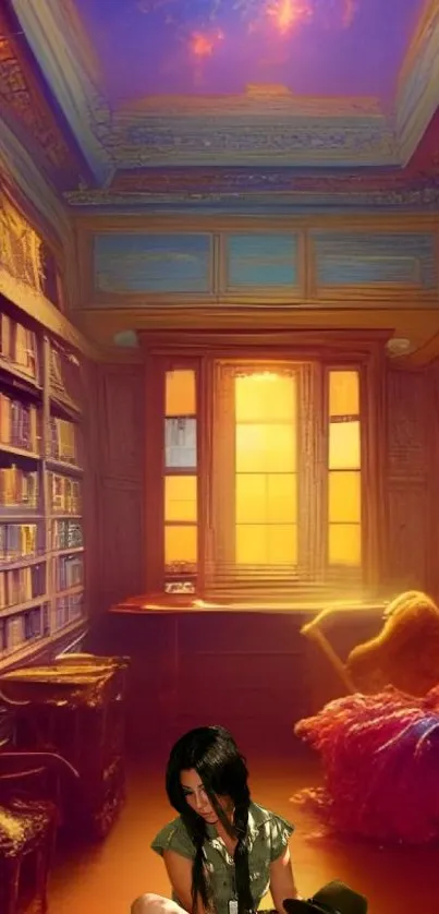 Warm, cozy library with sunset glow and stacks of books.