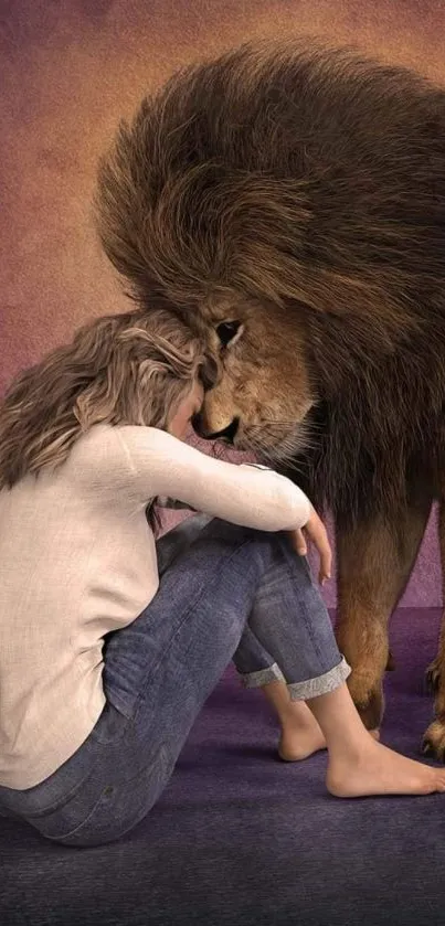 Lion resting beside a woman, artistic wallpaper.