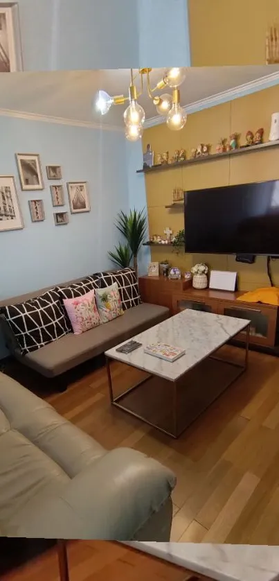 Cozy living room with modern decor and vibrant accents.