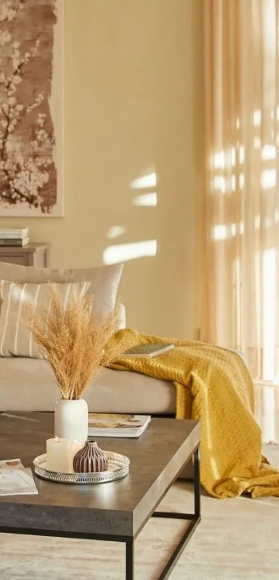 Cozy living room with neutral decor and soft lighting.