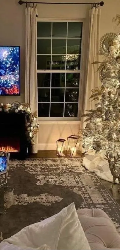 Festive living room with Christmas tree and fireplace.