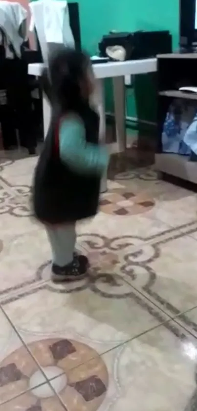 A child playing in a cozy living room with patterned tile flooring.