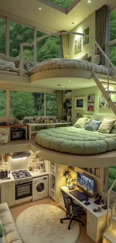 Serene modern loft with greenery through large windows.